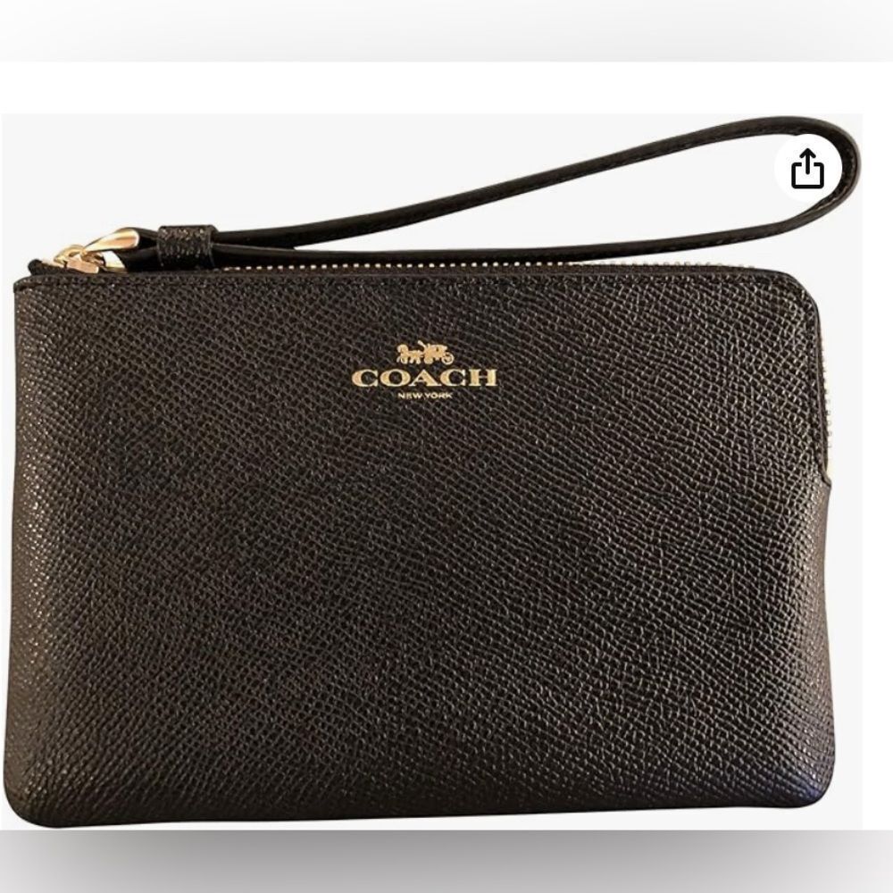 New COACH Black Crossgrain Leather Corner Zip Wristlet